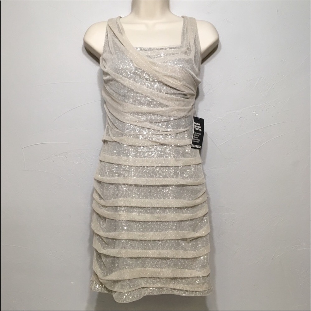NWT Silver Sequin Tan Mesh Overlay Express Dress